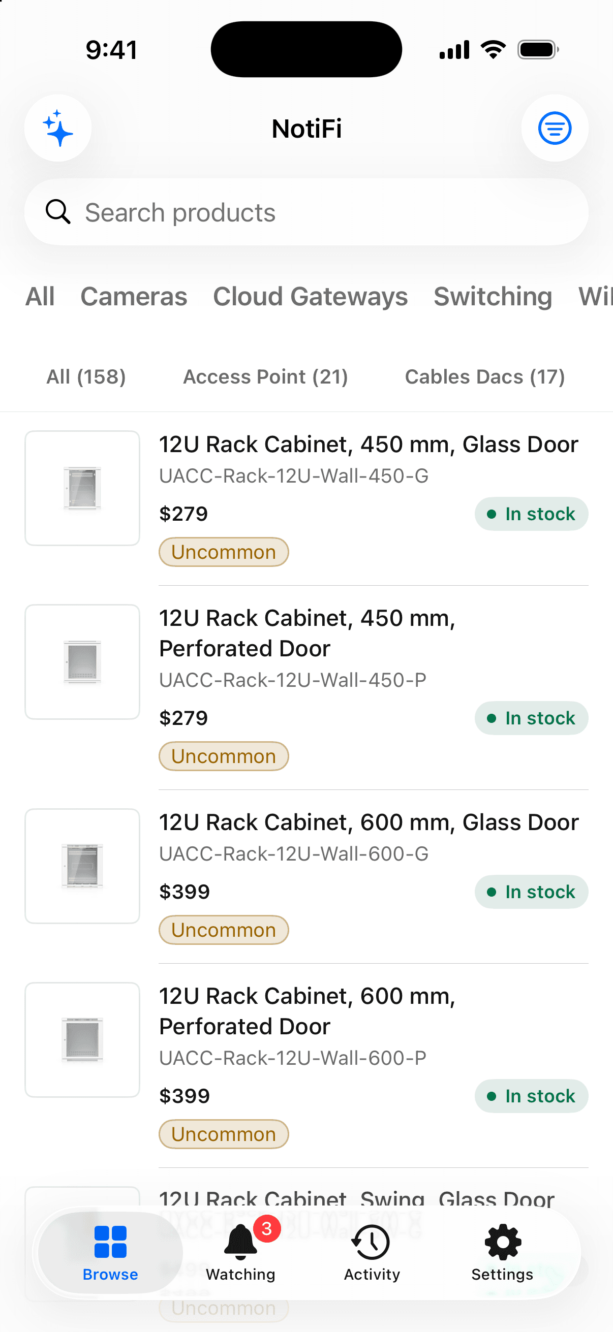 NotiFi catalog browser with stock badges on every UniFi product