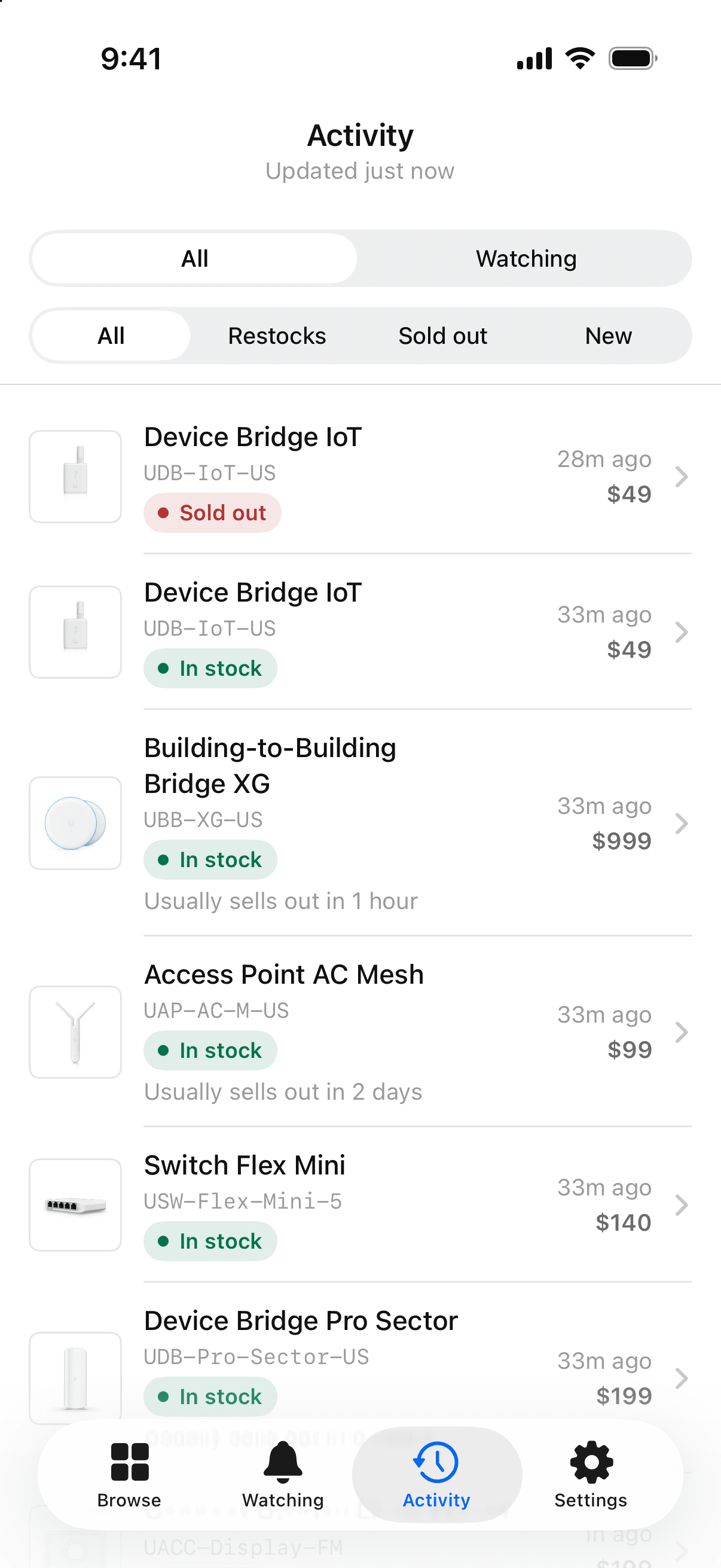 NotiFi activity feed of restocks and sell-outs