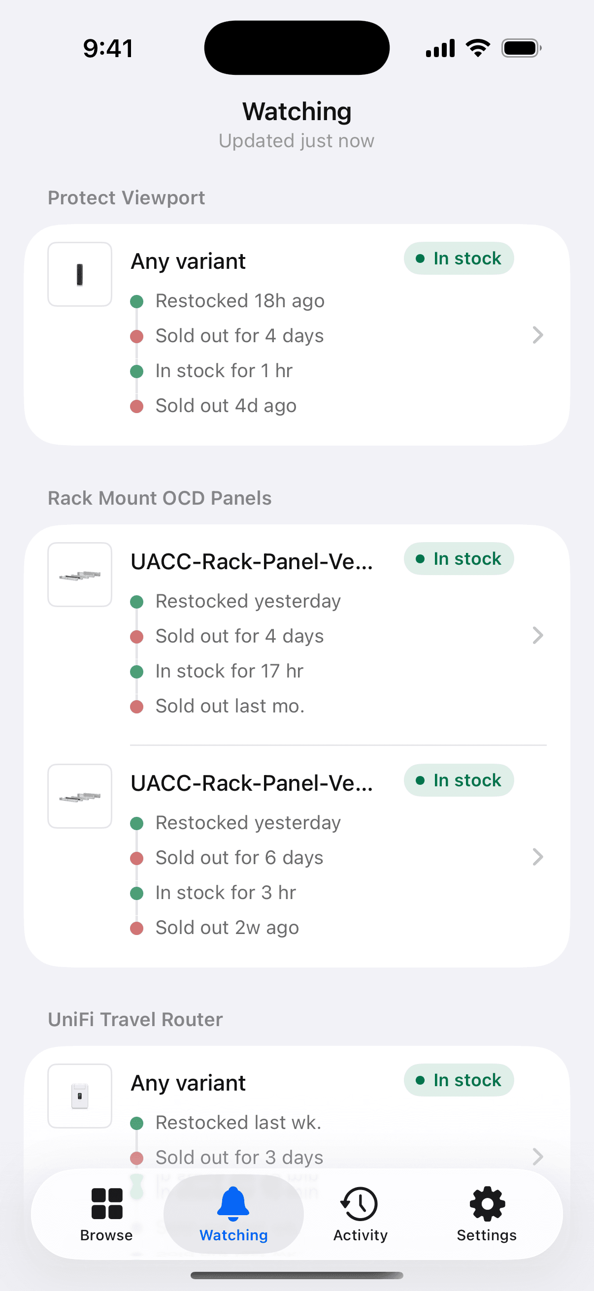 NotiFi watchlist showing live stock state for watched products